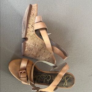 BAMBOO Tan Cork Wedge Sandals with Ankle Strap